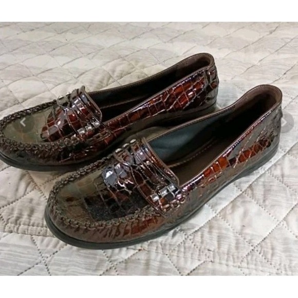 Brighton Shoes - Brighton Croc Embossed Patent Leather Loafers Brown Slip On Comfort W Sz 10M